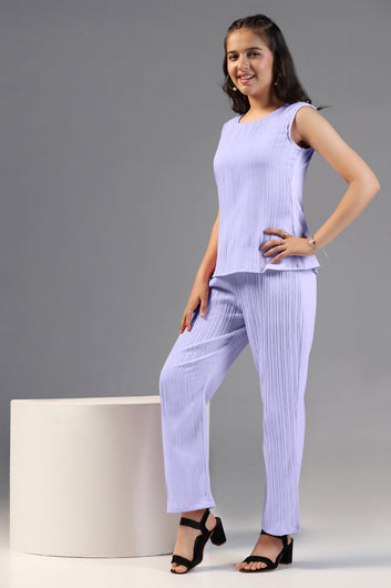 Girls Lavender Viscose Rayon Solid Top With Trouser Set