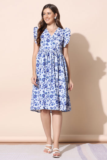 Women’s BSY Polyester Blue Floral Print Dresses