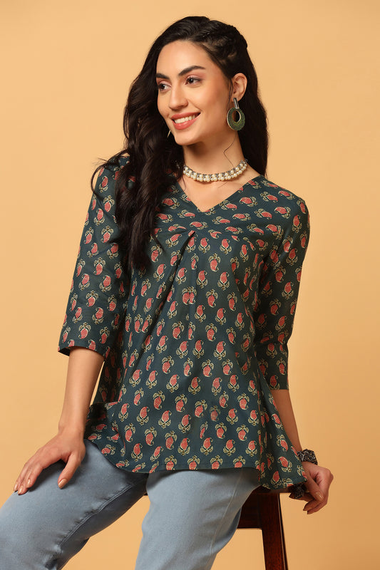 Women's Bottle Green Paisley Print Flared Style Tunic Top
