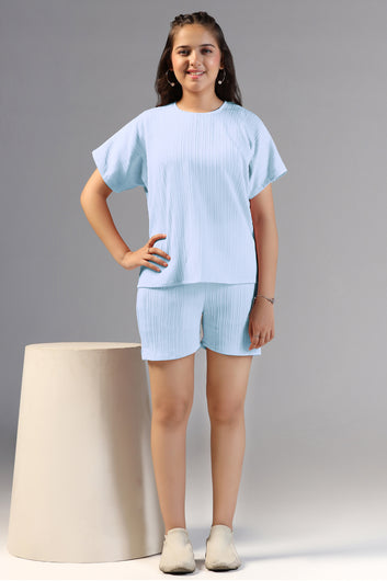 Girls Sky Blue Cotton Blend Solid T-Shirt With Short Pant Set