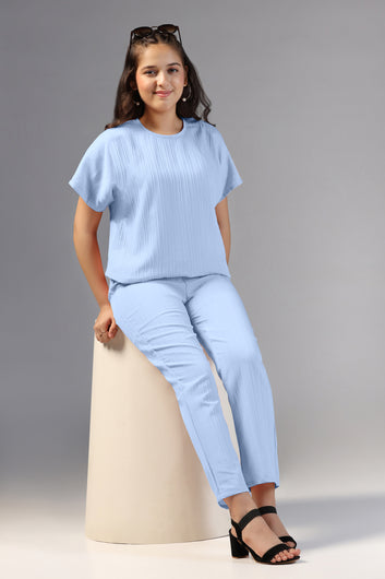 Girls Sky Blue Cotton Blend Solid T-Shirt With Trouser Set