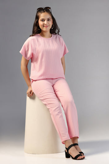 Girls Pink Cotton Blend Solid T-Shirt With Trouser Set