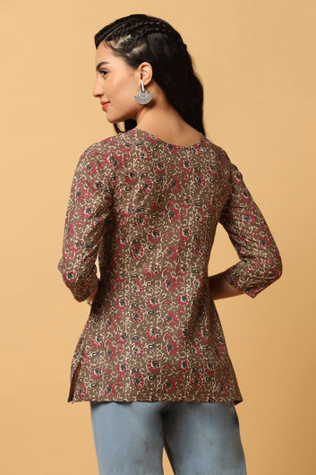 Women's Brown Cotton Floral Print Tunic Top