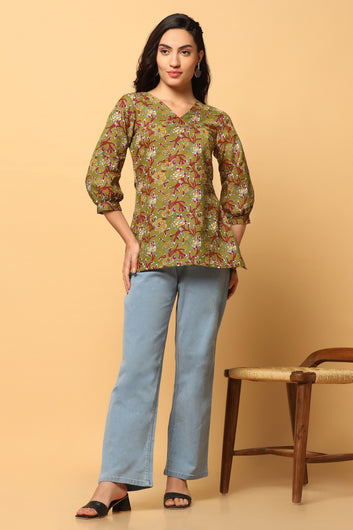 Women's Olive Cotton Printed Tunic Top