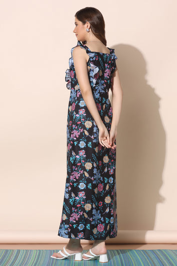 Womens Black Crepe Floral Print A-Line Dresses