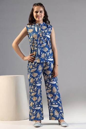 Girls Blue Shukrana All Over Printed Top With Pant Set