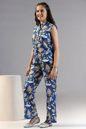 Girls Blue Shukrana All Over Printed Top With Pant Set