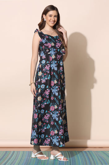 Womens Black Crepe Floral Print A-Line Dresses