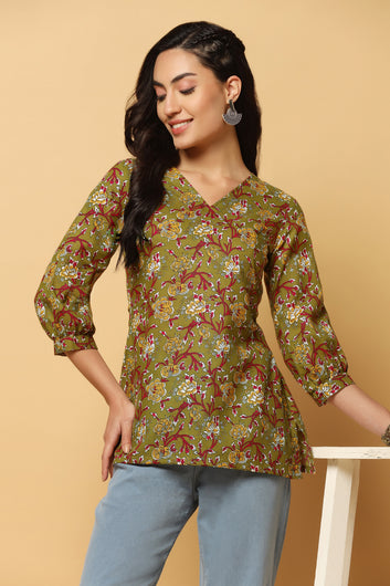 Women's Olive Cotton Printed Tunic Top