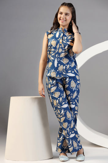 Girls Blue Shukrana All Over Printed Top With Pant Set