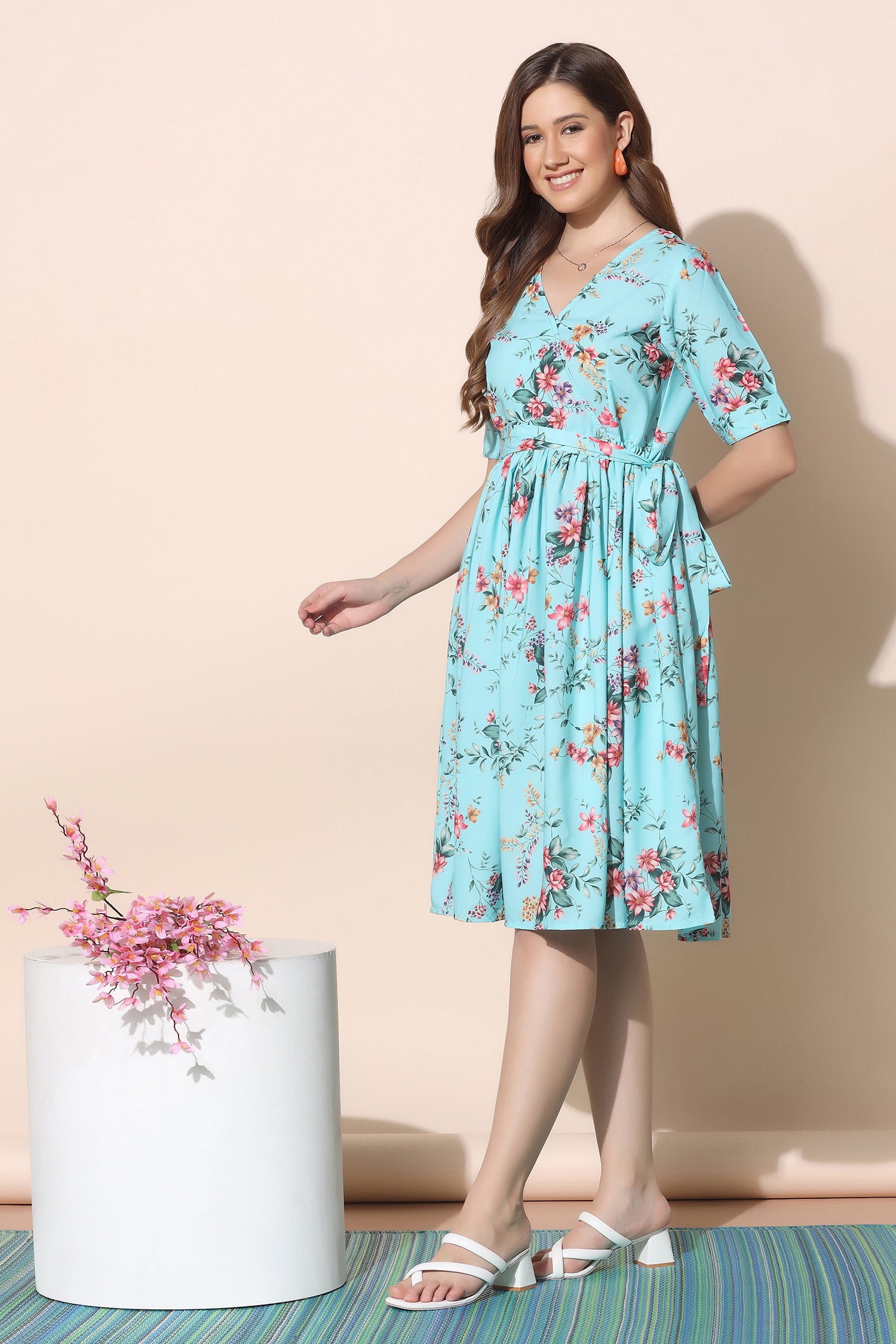 Pink Floral Printed Flared Tiered Knee Length Dress | ADFY-IHACD-053 |  Cilory.com