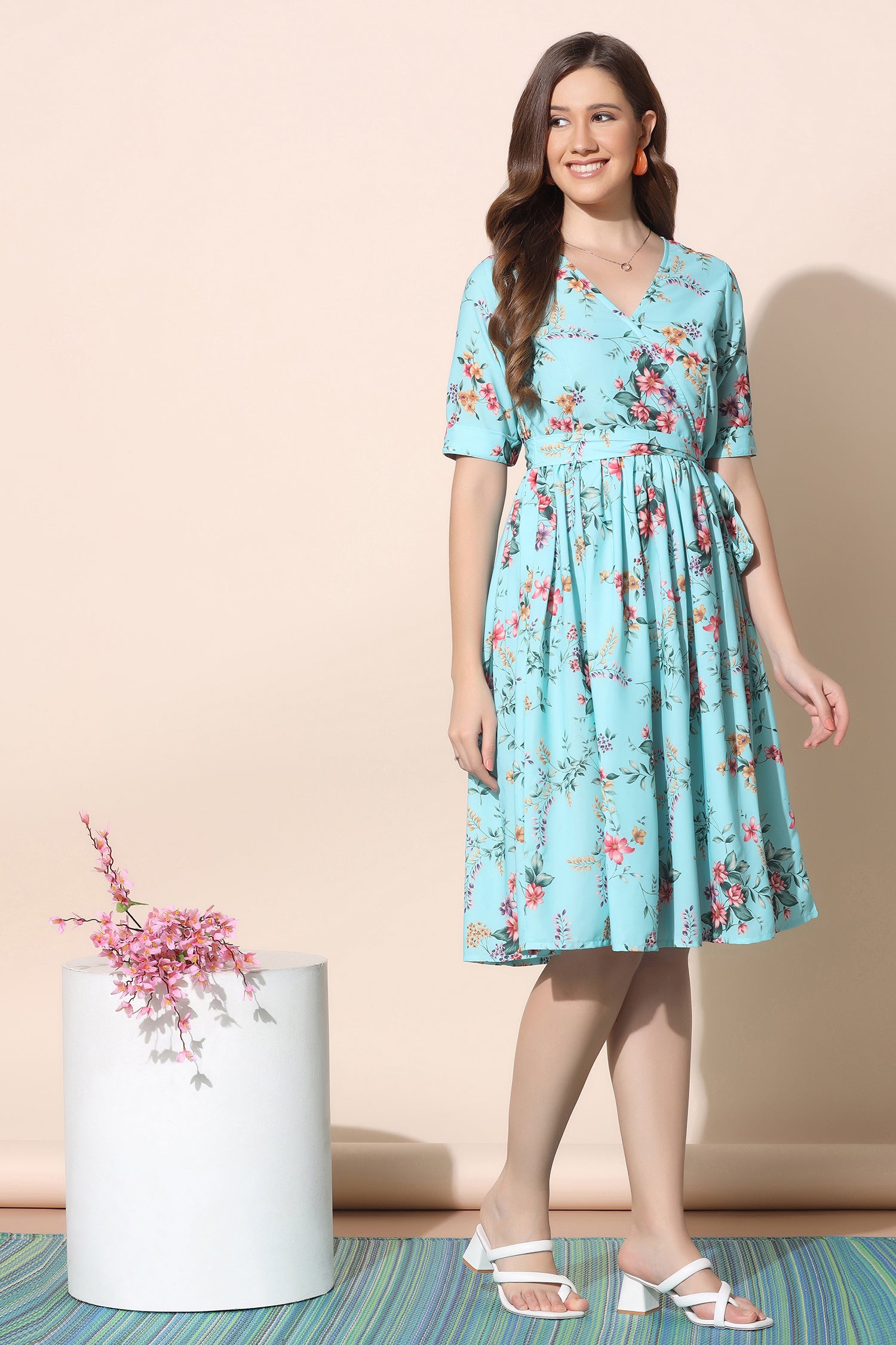 Buy Women White & Pink Floral Front Knot Short Dress Online at Sassafras