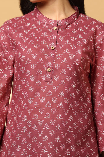 Women's Rust Cotton Floral Print Tunic Top