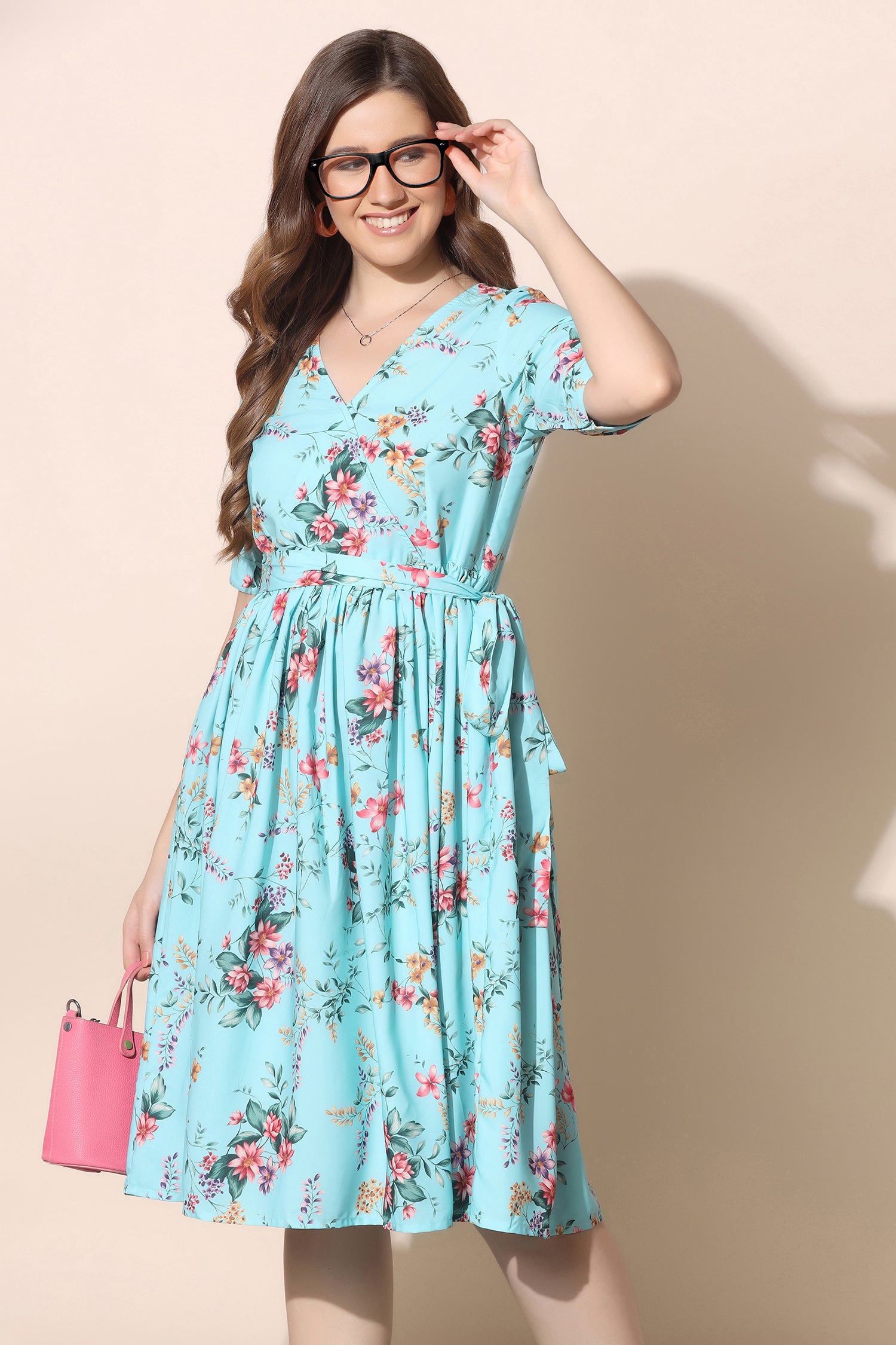 Buy Light Blue Floral Printed Mock Layered Dress Online - W for Woman