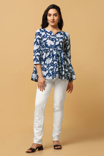 Women's Blue Floral Print Peplum Style Tunic Top