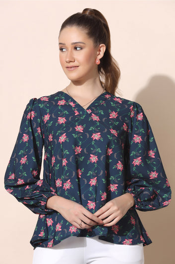 Women’s BSY Polyester Navy Blue Floral Print Top