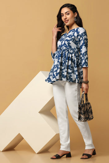 Women's Blue Floral Print Peplum Style Tunic Top