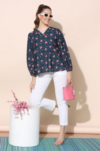 Women’s BSY Polyester Navy Blue Floral Print Top