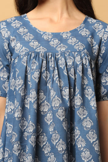 Women's Blue Block Print Regular Tunic Top
