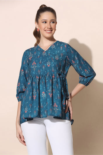 Women’s Blue BSY Polyester Floral Print Wrap Style Top