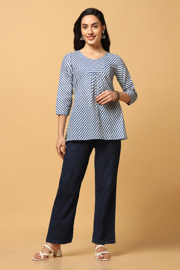 Women's Blue Cotton Stripe Print Tunic Top