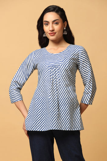 Women's Blue Cotton Stripe Print Tunic Top