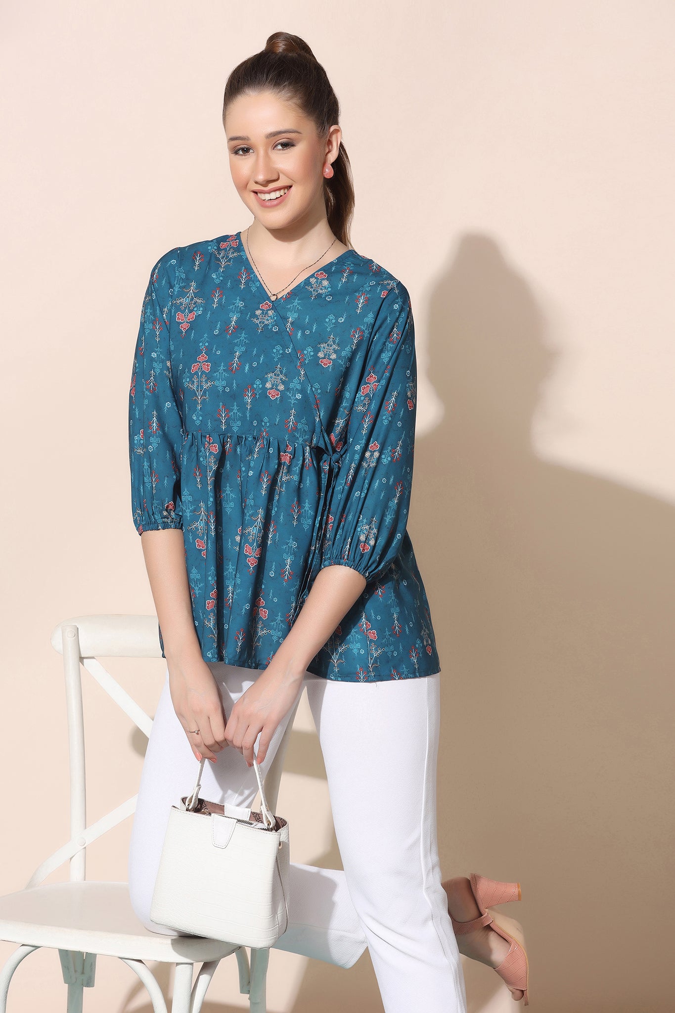 Women’s Blue BSY Polyester Floral Print Wrap Style Top