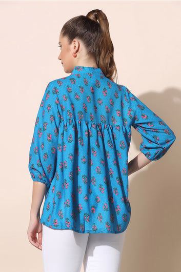 Women’s Dark Cyan BSY Polyester Floral Printed Top
