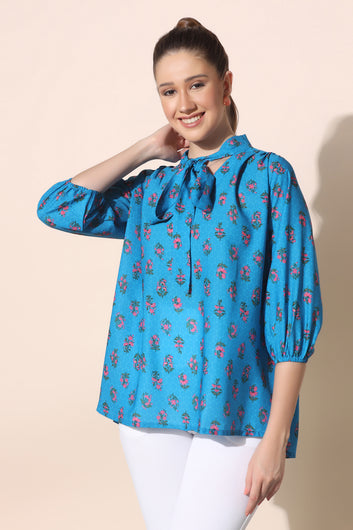 Women’s Dark Cyan BSY Polyester Floral Printed Top