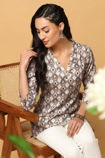 Womens Grey Cotton All-Over Printed Straight Tunic Top