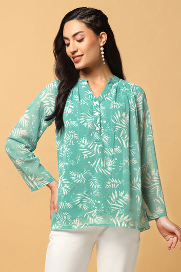 Womens Green Georgette Botanical Printed Top