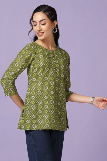 Womens Green Cotton Printed Straight Tunic Top