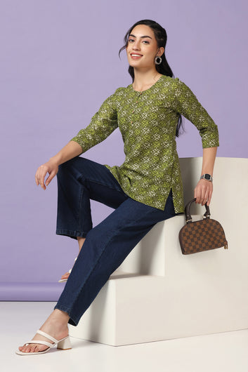 Womens Green Cotton Printed Straight Tunic Top