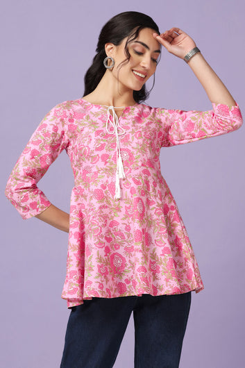 Womens Light Pink Cotton Floral Print Tunic Top