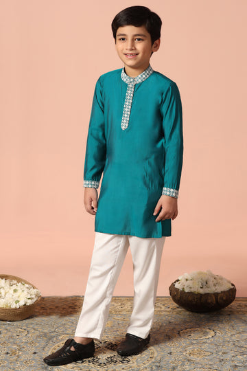 Boy's Teal Blue Chanderi Silk Embroidered Kurta Pajama Set