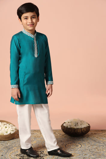 Boy's Teal Blue Chanderi Silk Embroidered Kurta Pajama Set