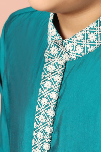 Boy's Teal Blue Chanderi Silk Embroidered Kurta Pajama Set