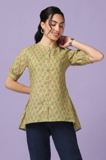Women's Green Cotton Floral Print Tunic Top