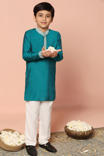 Boy's Teal Blue Chanderi Silk Embroidered Kurta Pajama Set