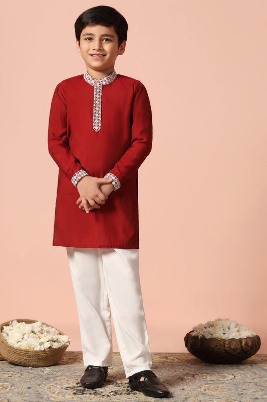 Boy's Maroon Chanderi Silk Embroidered Kurta Pajama Set