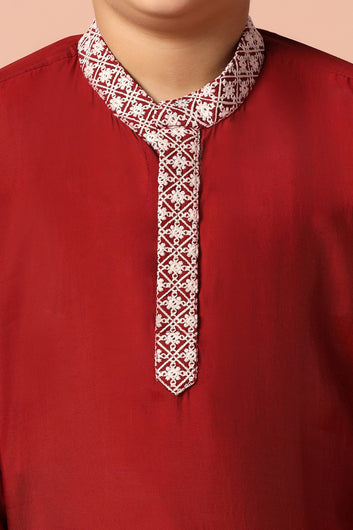 Boy's Maroon Chanderi Silk Embroidered Kurta Pajama Set