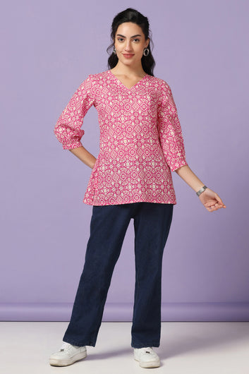 Women's Pink All Over Print Straight Tunic Top