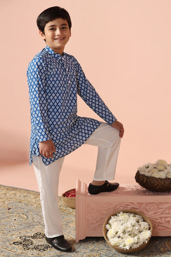 Boys Blue Cotton Printed Straight Kurta With Payjama Set