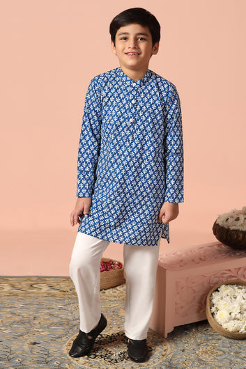 Boys Blue Cotton Printed Straight Kurta With Payjama Set