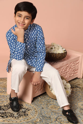 Boys Blue Cotton Printed Straight Kurta With Payjama Set