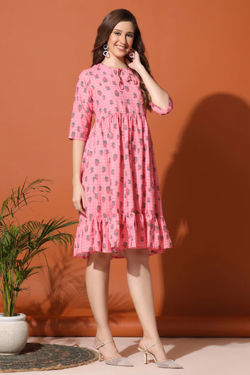 Women’s Light Pink BSY Polyester Floral Print Ruffle Dresses