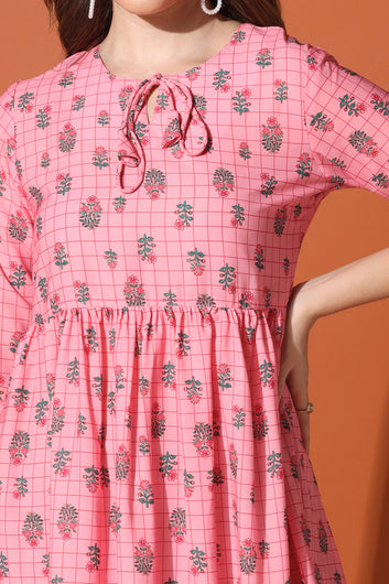 Women’s Light Pink BSY Polyester Floral Print Ruffle Dresses