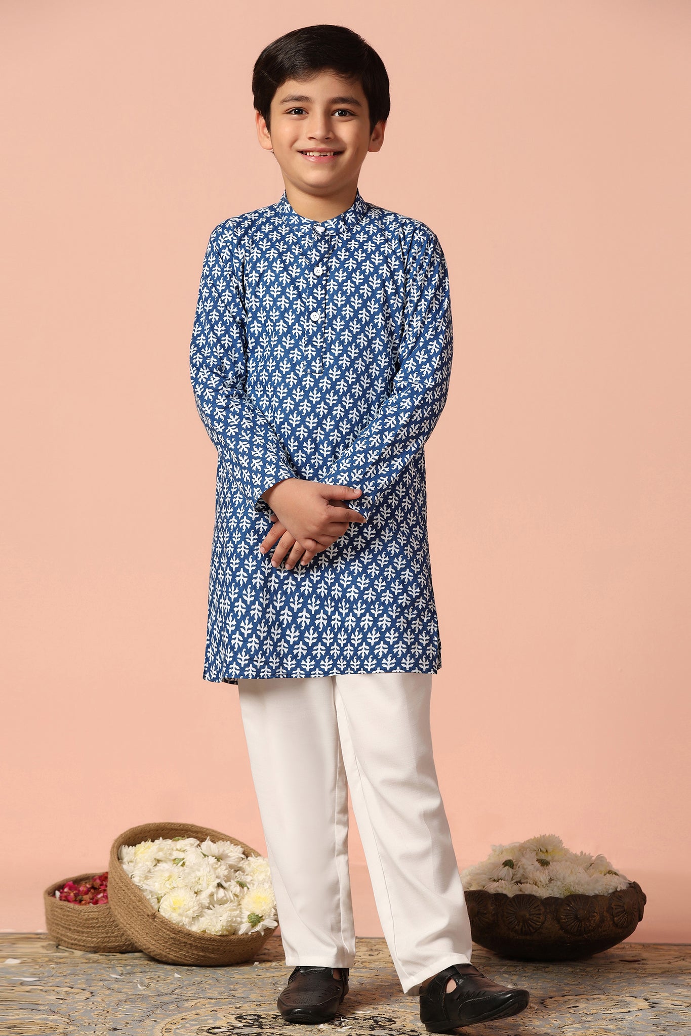 Boys Blue Cotton Printed Straight Kurta With Payjama Set