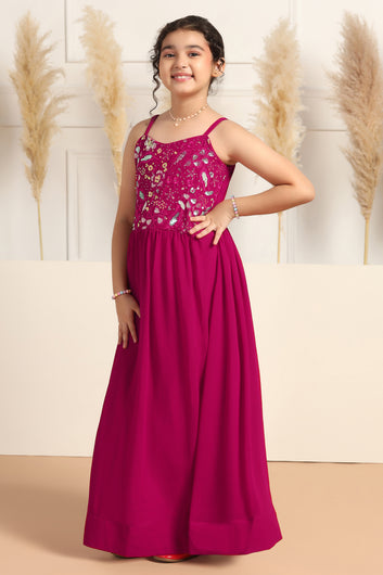 Girl's Rani Pink Embroidered Maxi Length Dress