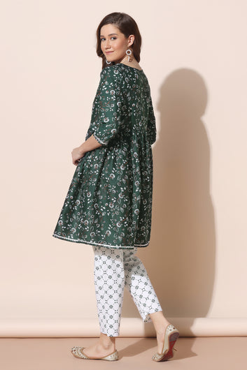 Women’s Dark Green Cotton Floral Printed Kurta Pant Set